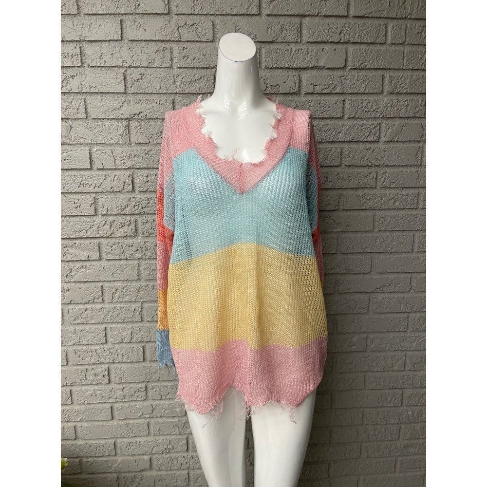 Main Strip Color Block Frayed Long Sleeve Top Size L